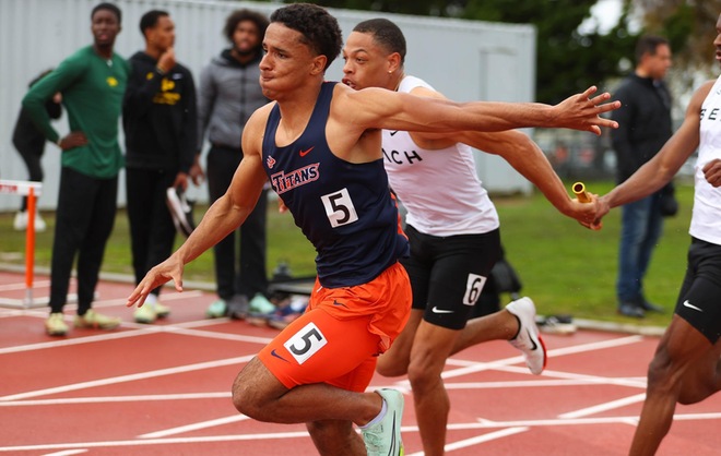 Photo Credit: Katie Albertson / Titans sprinter Alonzo Floriolli "executes better than anyone" at big meets, says Fullerton track and field head coach Marques Barosso. 