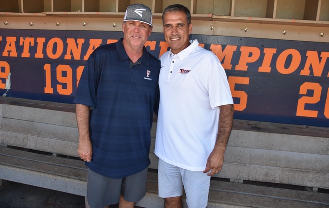 Dan Ricabal, left, and Sergio Brown have joined the Cal State Fullerton baseball coaching staff. Brown will serve as associate head coach, recruiting coordinator and hitting instructor while Ricabal will be the team's pitching coach. Credit Bill Sheehan.