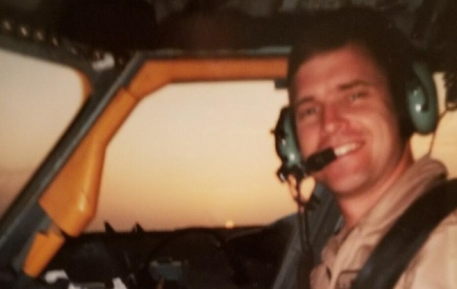 Dennis Shook sits in an airplane cockpit during his time as a pilot at Offutt Air Force Base in Nebraska.