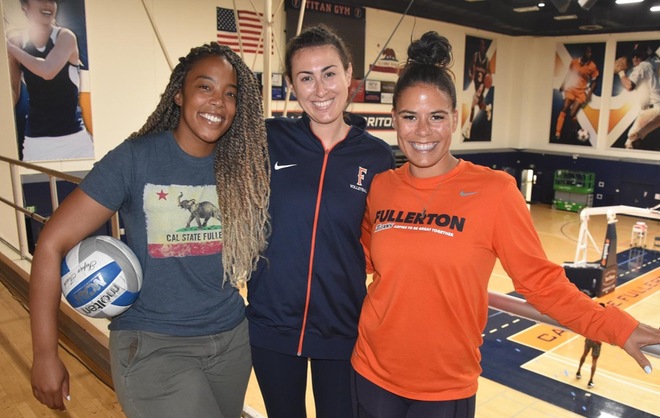 Titan women's volleyball head coach Ashley Preston, left, is joined by new assistant coaches Nicole Polster, center, and Nicky Cannon.